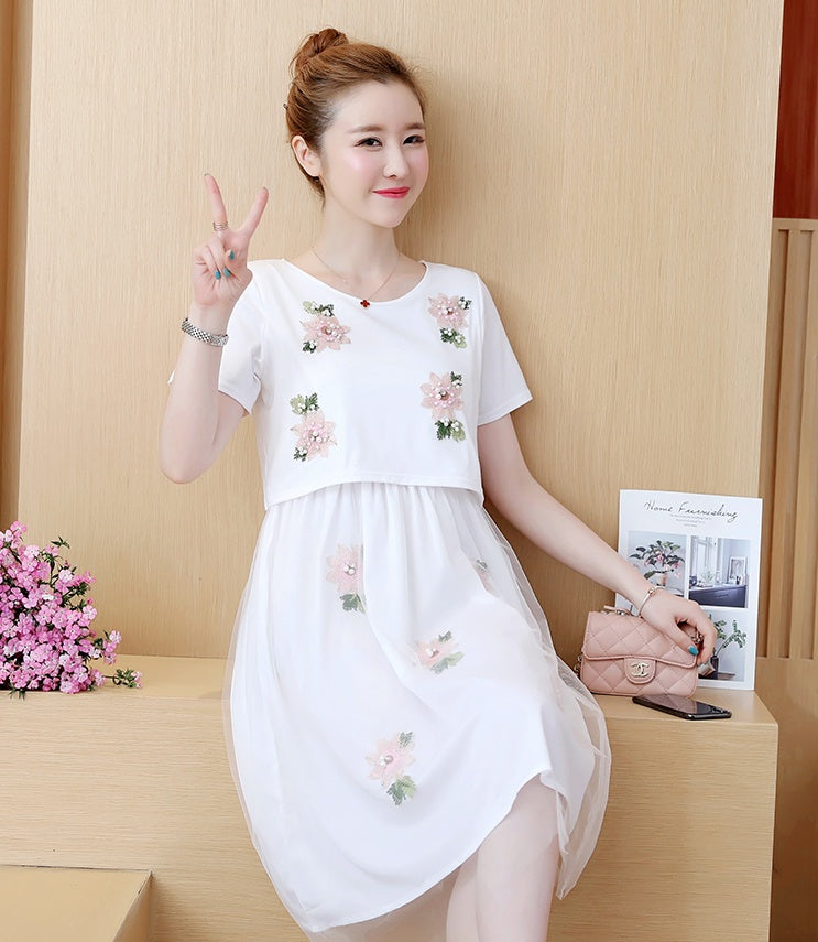 Summer Korean Fashion Mid-Length Short-Sleeved Fake Two-Piece Breastfeeding Plus Size Dress