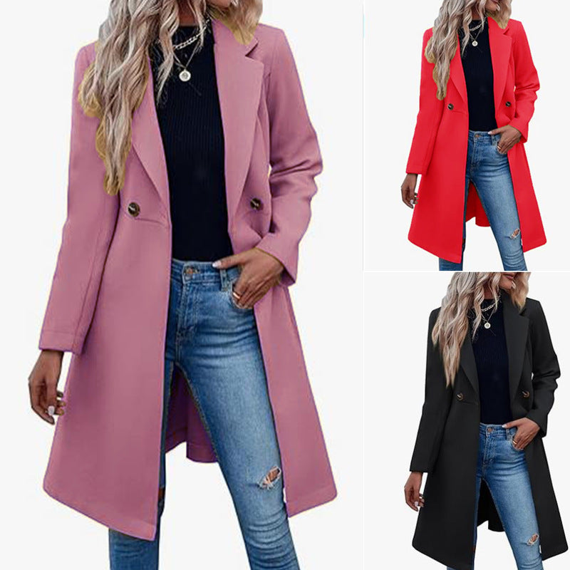 Long Woolen Women's Waist-controlled Lace-up Double Breasted Coat