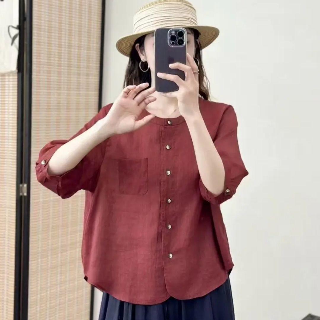 All-matching Western Style Cotton And Linen Short Sleeve Shirt