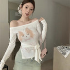 Women's Letter Rhinestone Shoulder Print Long Sleeve Slim-fit Lace Up