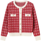 Round Neck Plaid Knitwear Cardigan Gentle Women's Coat