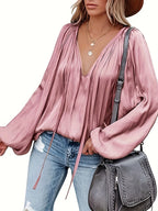 Women's Satin V-neck Long Sleeve Shirt Casual