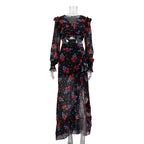 Printed Long Sleeve Short Top Design Ruffled Slit Sheath Skirt Two-piece Set