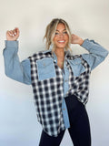Loose Women's Denim Stitching Plaid Coat Top