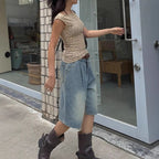 Retro Pleated Wide Leg Straight Denim Shorts Without Belt