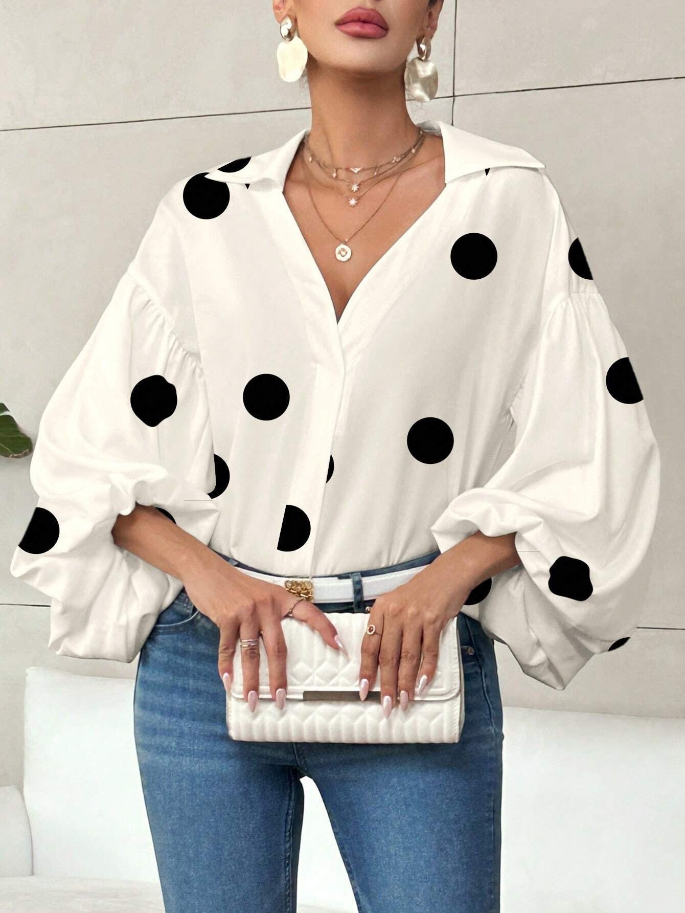 Niche Fashionable French Polka Dot Half-open Collar Design Loose Bubble Long Sleeve Top